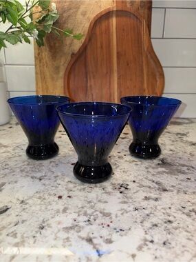 Set of 3 Vintage Cobalt Blue Pedestal Glass Tumblers